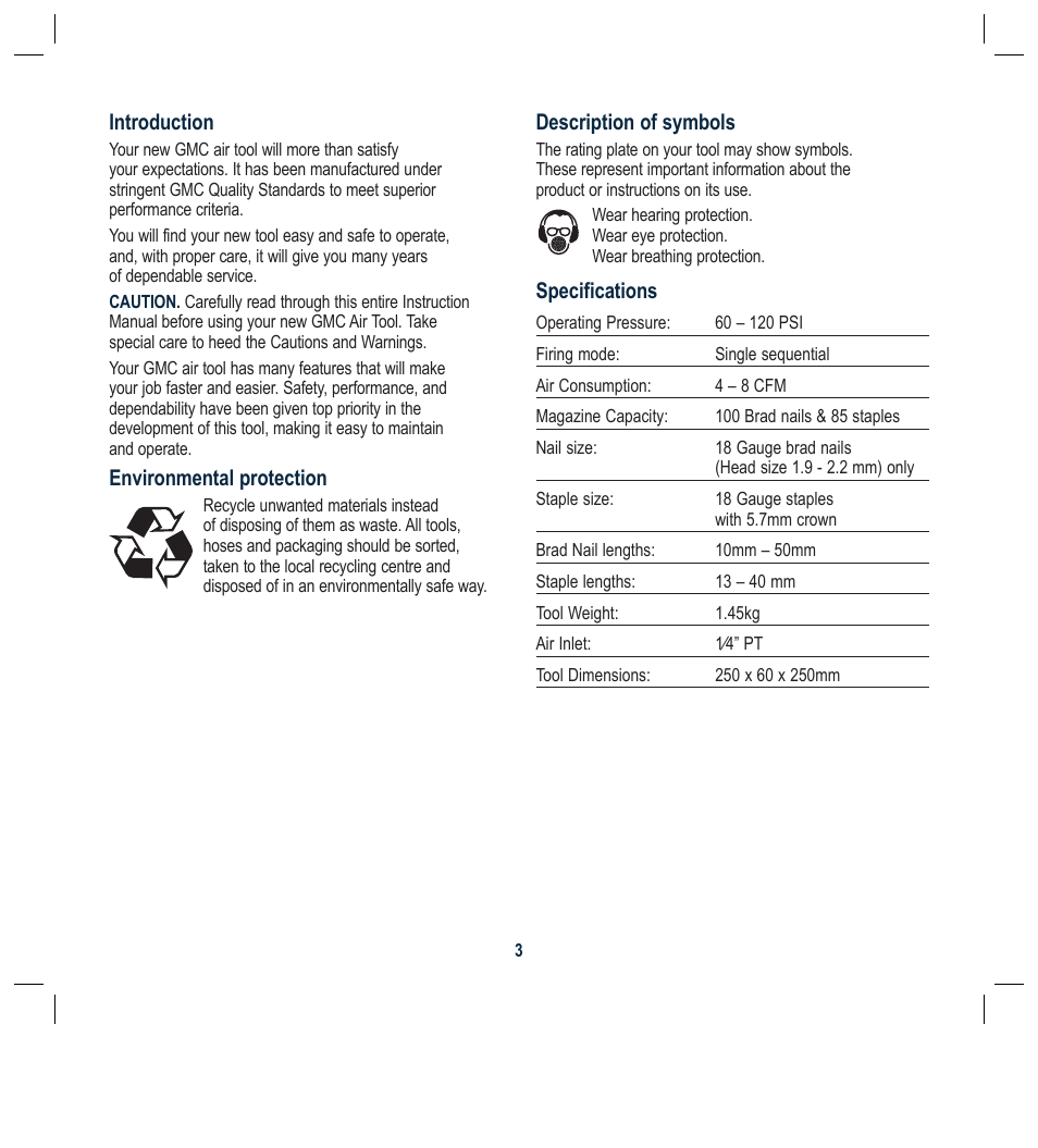 Description of symbols, Specifications, Introduction | Environmental protection | Global Machinery Company ATBR1650-3PK User Manual | Page 18 / 47