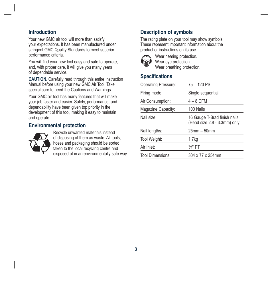 Description of symbols, Specifications, Introduction | Environmental protection | Global Machinery Company ATBR1650-3PK User Manual | Page 3 / 47