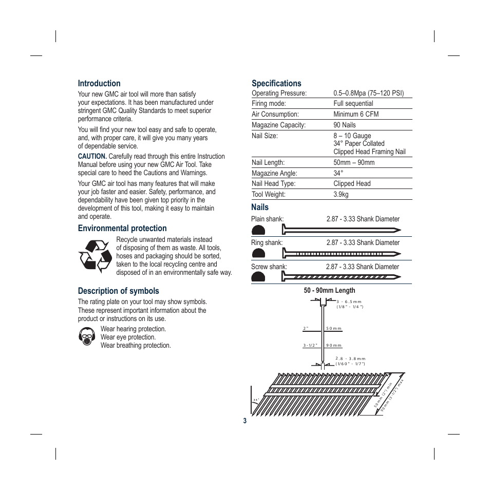 Specifications, Nails, Description of symbols | Introduction, Environmental protection | Global Machinery Company ATBR1650-3PK User Manual | Page 33 / 47