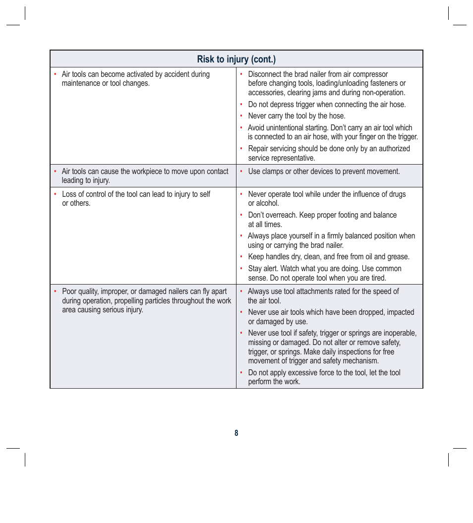 Risk to injury (cont.) | Global Machinery Company ATBR1650-3PK User Manual | Page 8 / 47