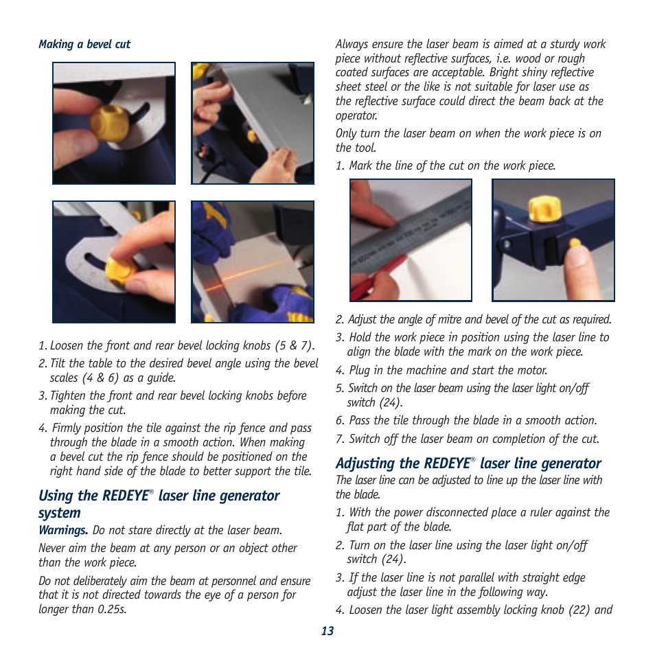 Using the redeye, Laser line generator system, Adjusting the redeye | Laser line generator | Global Machinery Company 040521 ED8 PR User Manual | Page 13 / 16