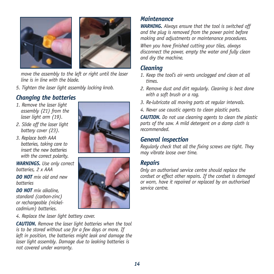 Changing the batteries, Maintenance, Cleaning | General inspection, Repairs | Global Machinery Company 040521 ED8 PR User Manual | Page 14 / 16