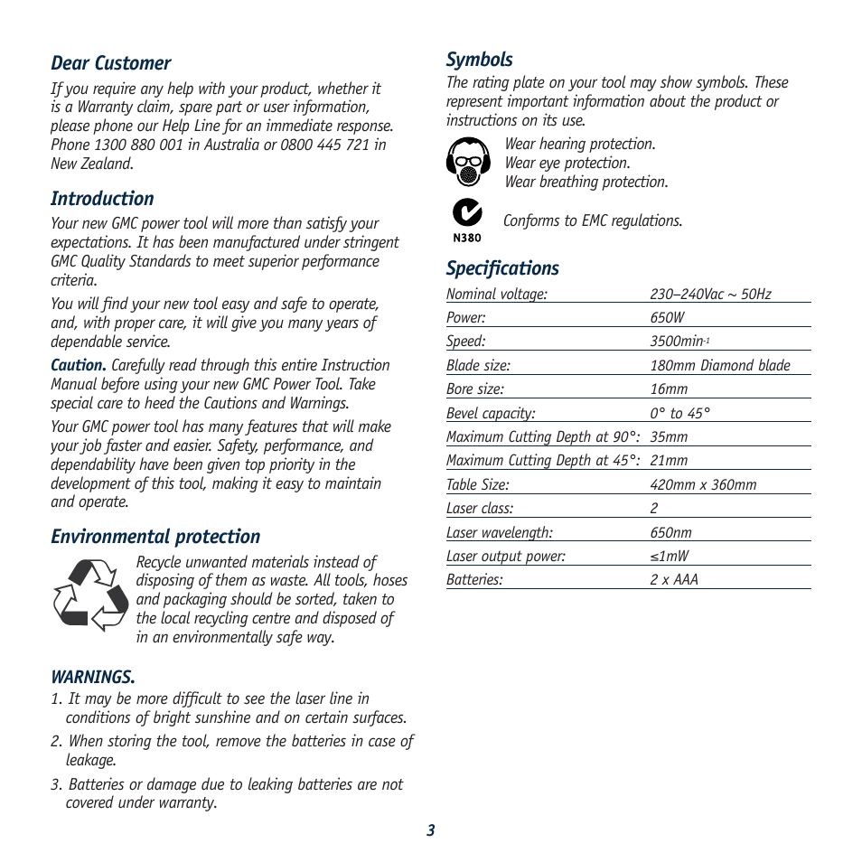 Dear customer, Introduction, Environmental protection | Symbols, Specifications | Global Machinery Company 040521 ED8 PR User Manual | Page 3 / 16