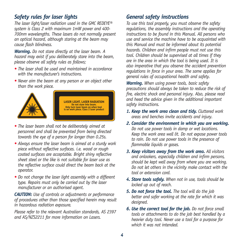 Safety rules for laser lights, General safety instructions | Global Machinery Company 040521 ED8 PR User Manual | Page 4 / 16