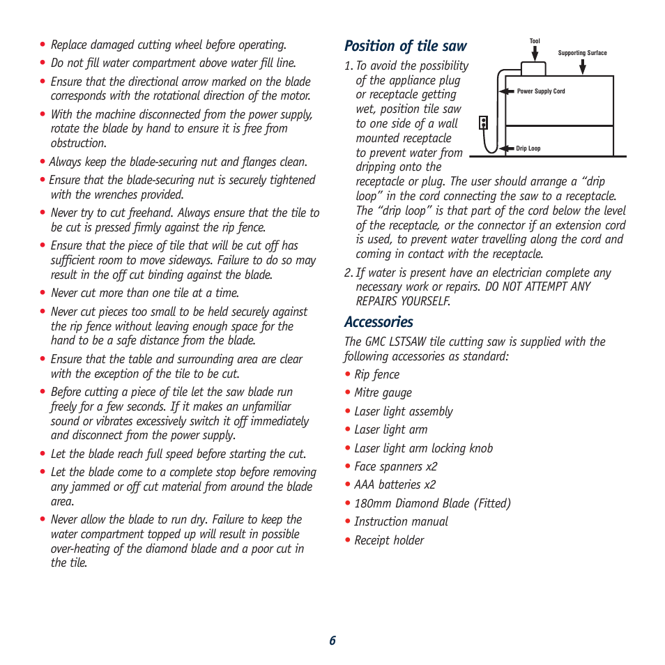 Position of tile saw, Accessories | Global Machinery Company 040521 ED8 PR User Manual | Page 6 / 16