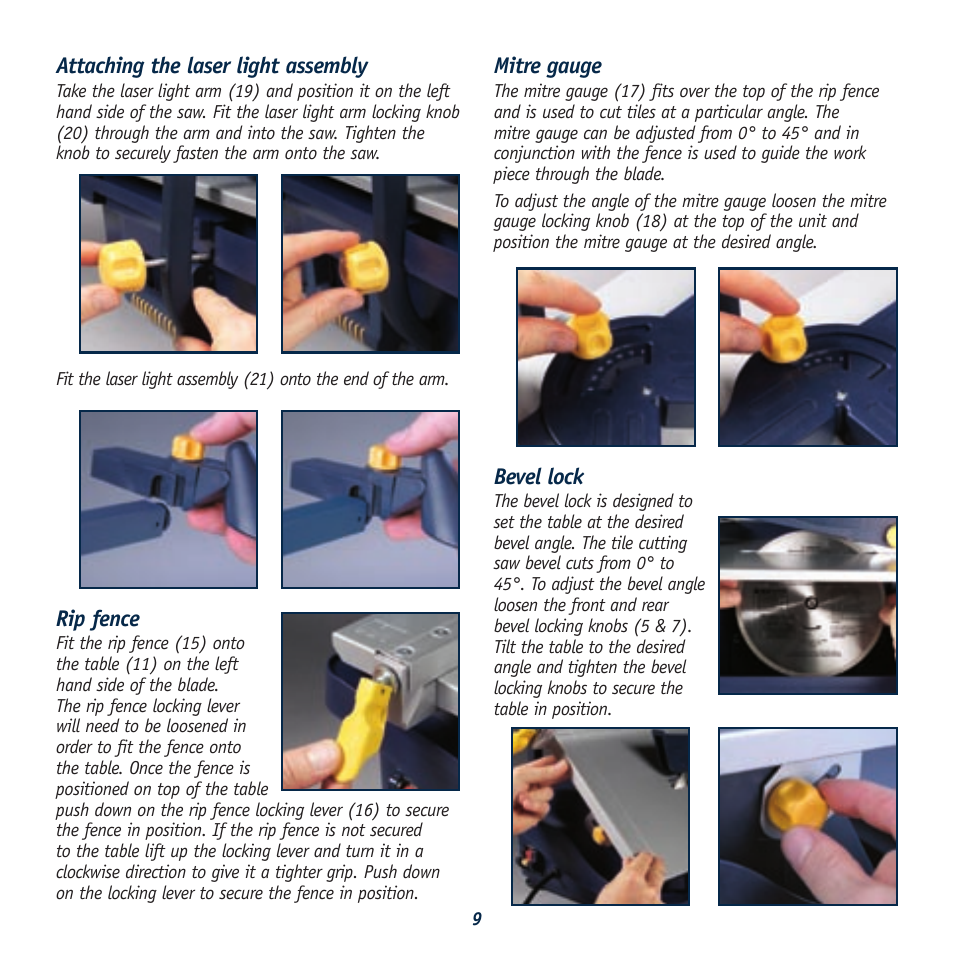 Attaching the laser light assembly, Rip fence, Mitre gauge | Bevel lock | Global Machinery Company 040521 ED8 PR User Manual | Page 9 / 16