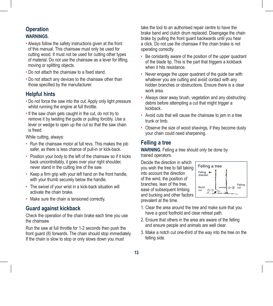 Operation, Helpful hints, Guard against kickback | Felling a tree | Global Machinery Company PCH25 User Manual | Page 13 / 16