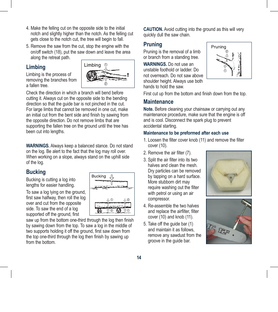 Limbing, Bucking, Pruning | Maintenance | Global Machinery Company PCH25 User Manual | Page 14 / 16