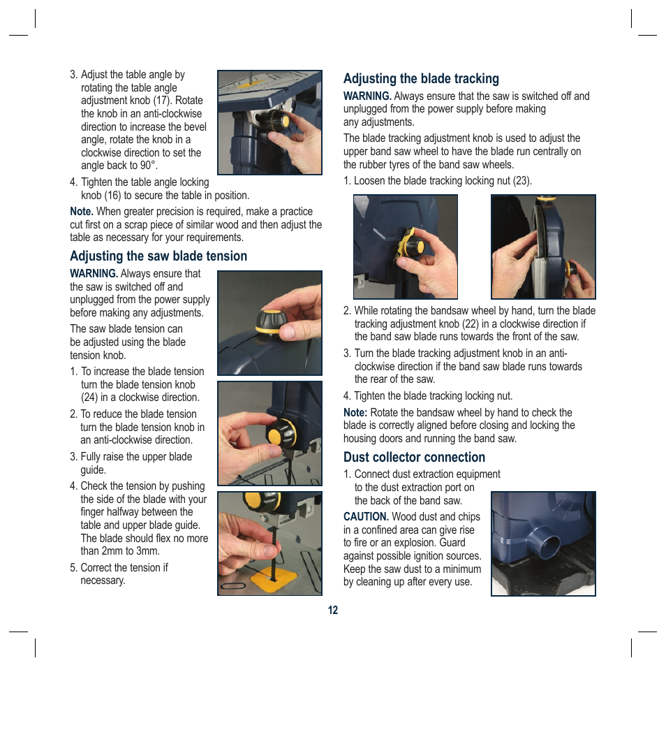 Adjusting the saw blade tension, Adjusting the blade tracking, Dust collector connection | Global Machinery Company BS230L User Manual | Page 12 / 20