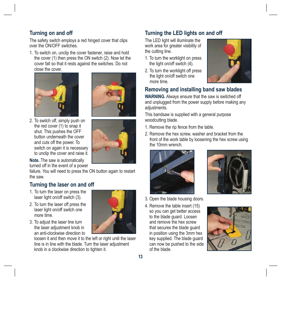 Turning on and off, Turning the laser on and off, Turning the led lights on and off | Removing and installing band saw blades | Global Machinery Company BS230L User Manual | Page 13 / 20