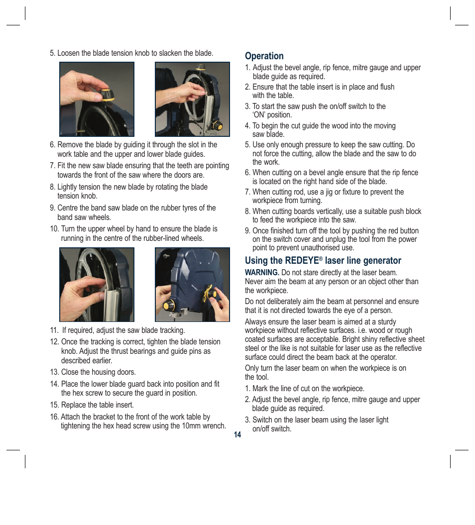 Operation, Using the redeye, Laser line generator | Global Machinery Company BS230L User Manual | Page 14 / 20