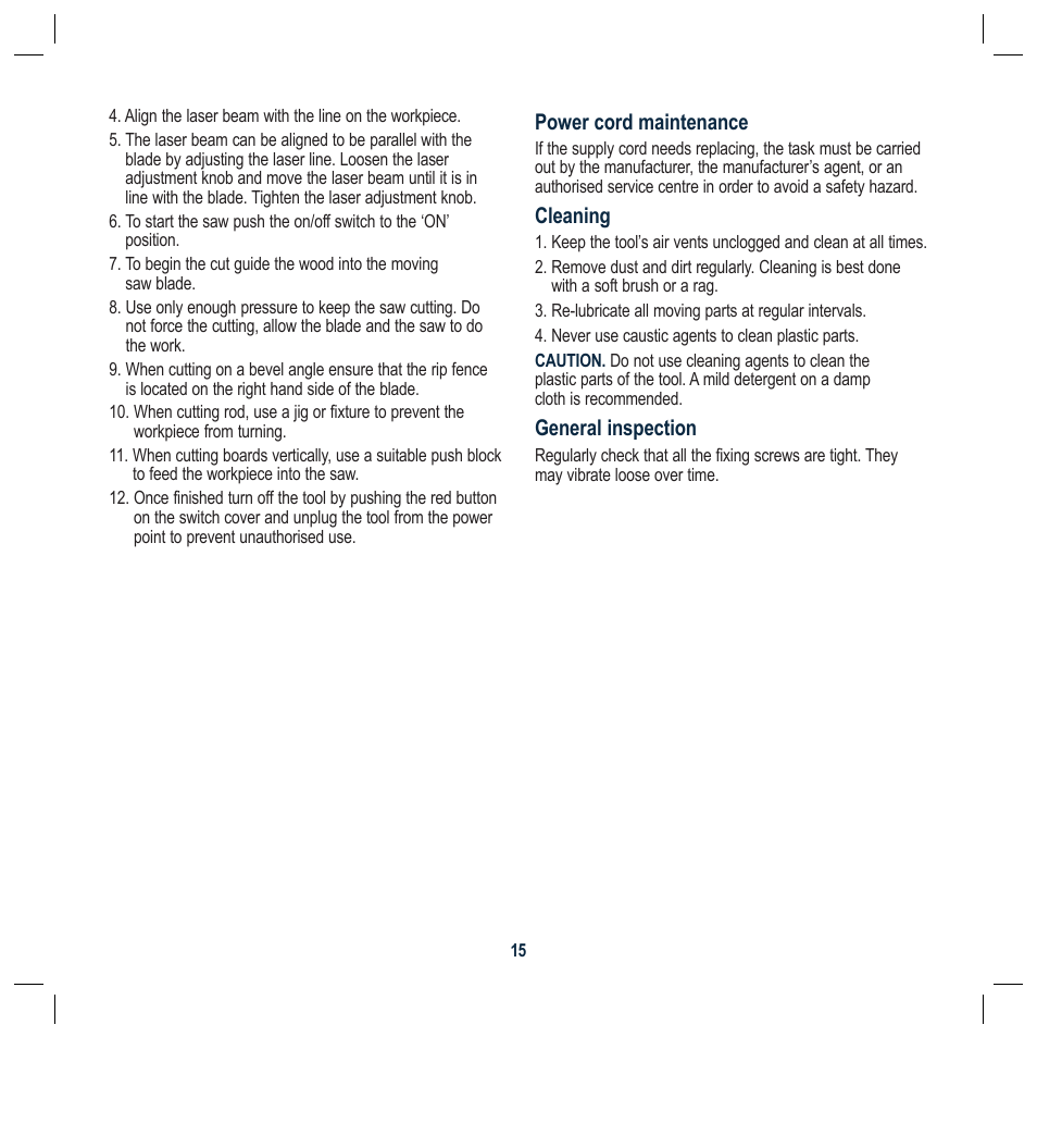 Power cord maintenance, Cleaning, General inspection | Global Machinery Company BS230L User Manual | Page 15 / 20