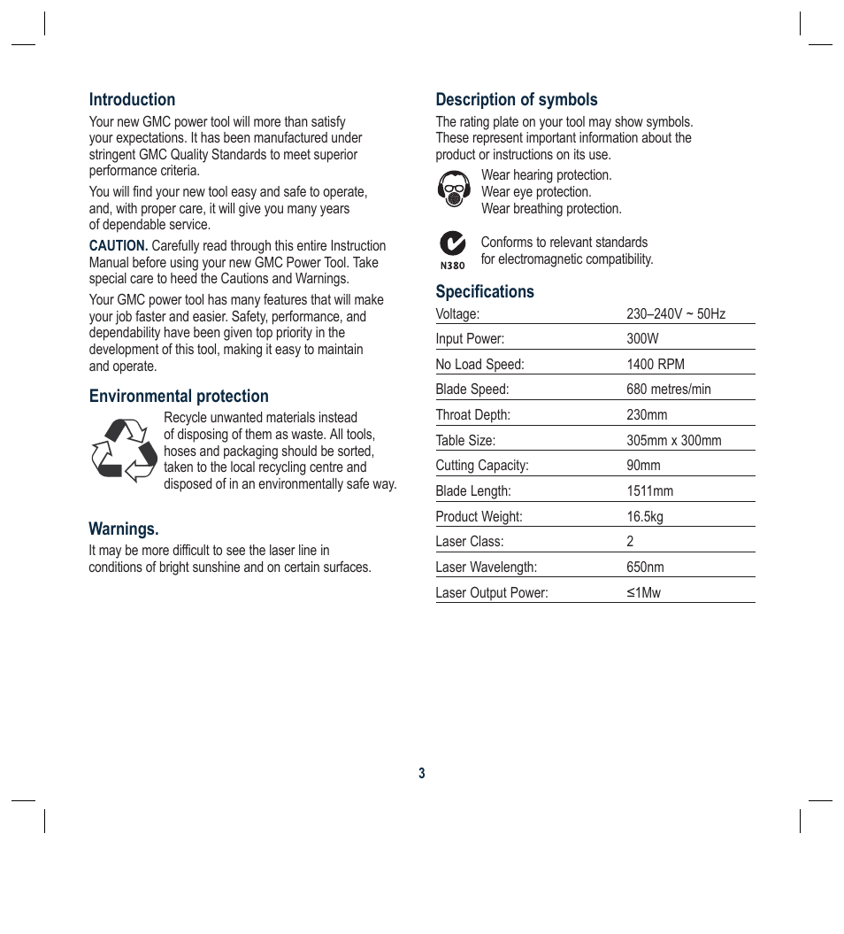 Description of symbols, Specifications, Introduction | Environmental protection, Warnings | Global Machinery Company BS230L User Manual | Page 3 / 20