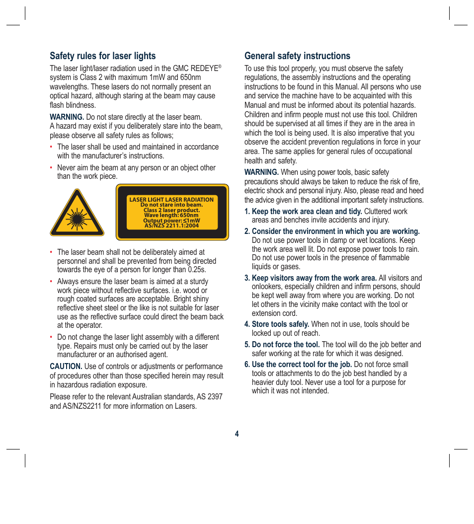 Safety rules for laser lights, General safety instructions | Global Machinery Company BS230L User Manual | Page 4 / 20