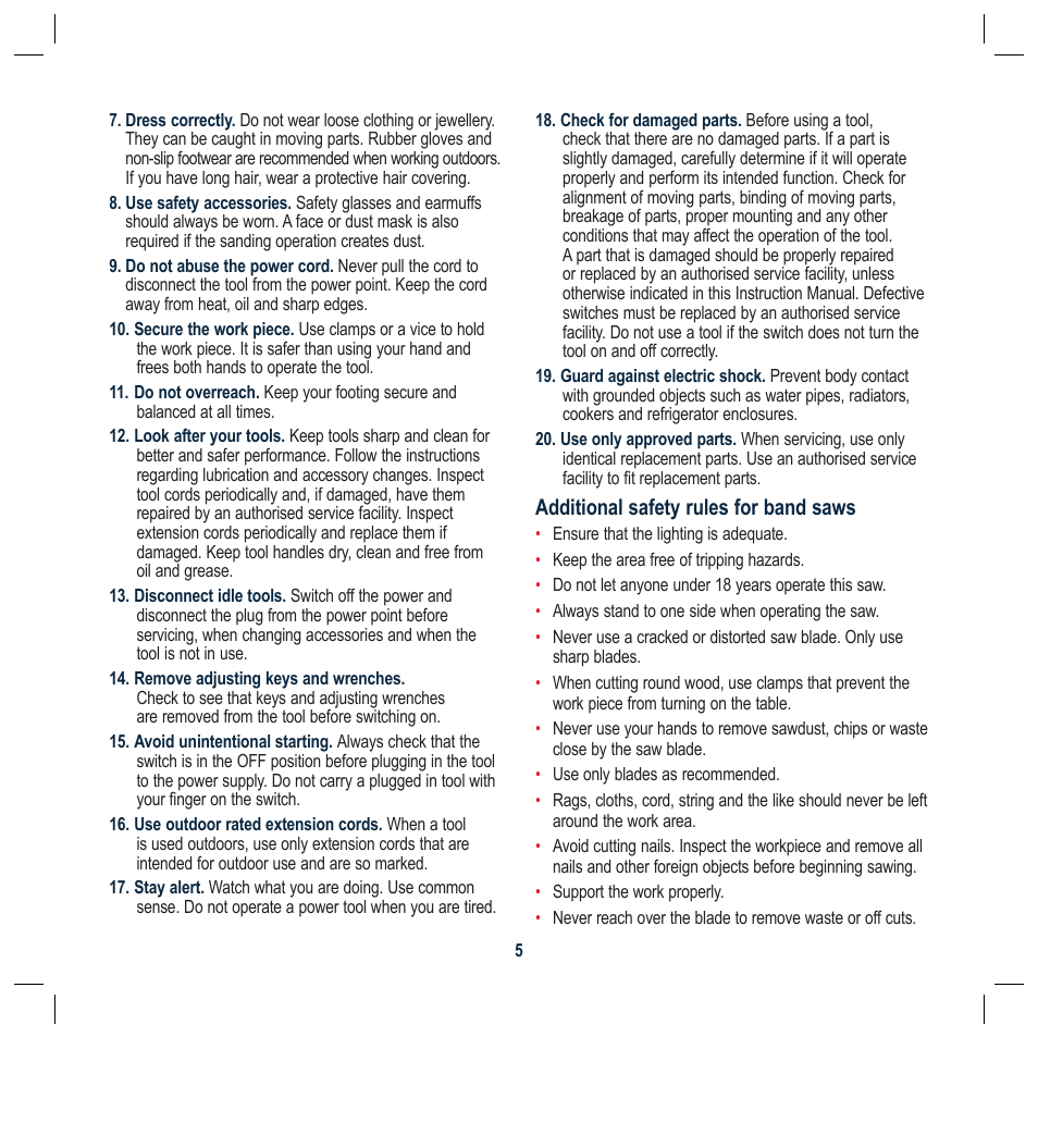 Additional safety rules for band saws | Global Machinery Company BS230L User Manual | Page 5 / 20