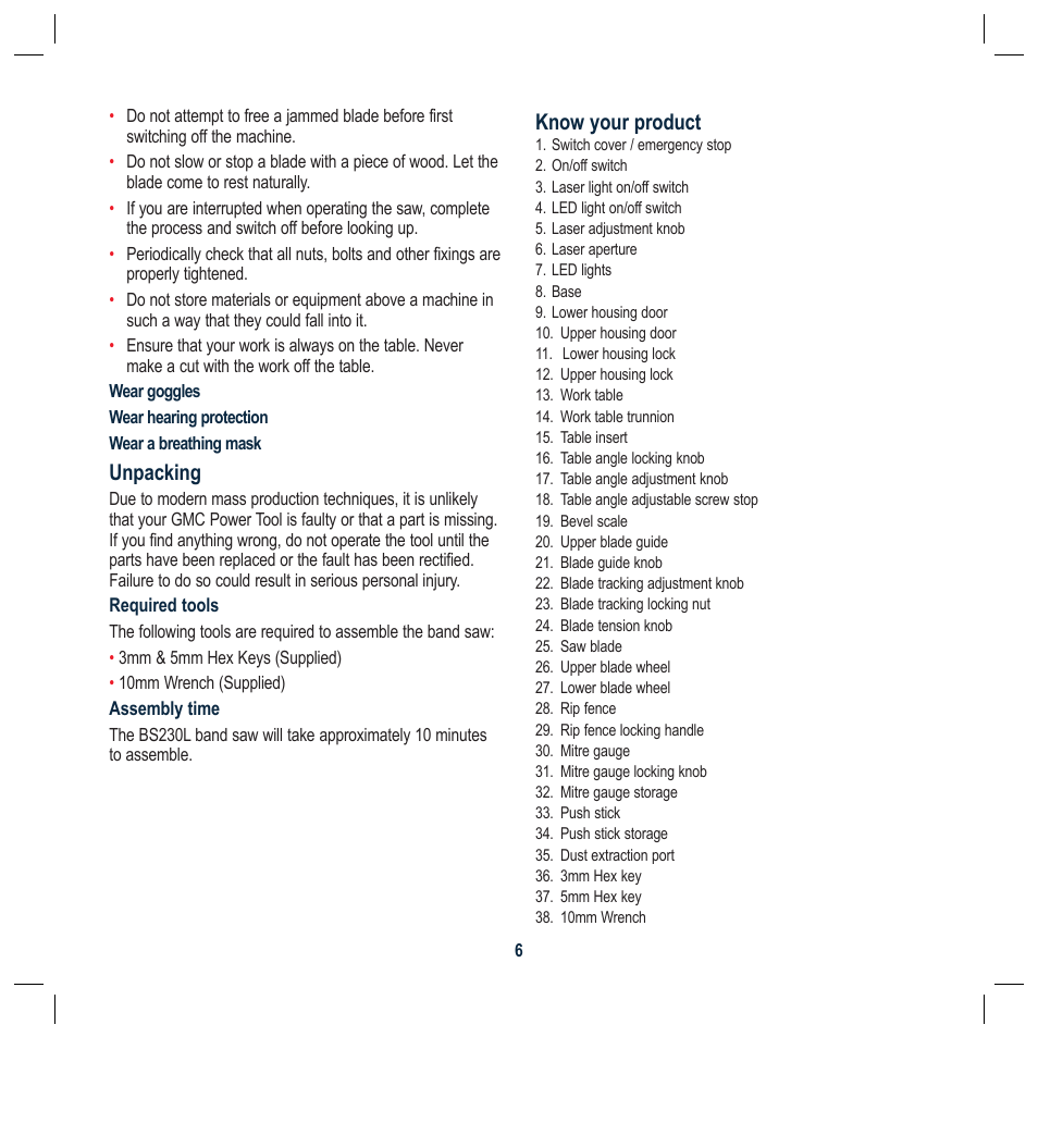 Unpacking, Know your product | Global Machinery Company BS230L User Manual | Page 6 / 20