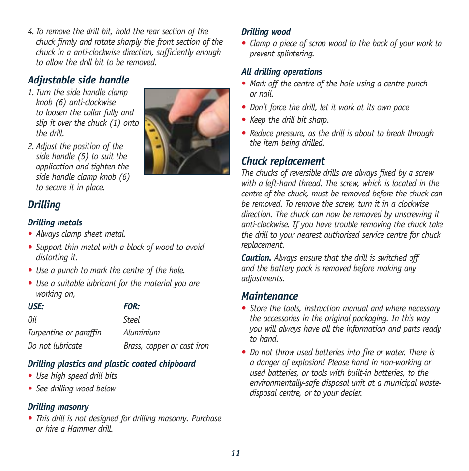 Adjustable side handle, Drilling, Chuck replacement | Maintenance | Global Machinery Company GTX12100K User Manual | Page 11 / 12