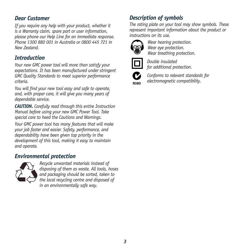 Description of symbols, Dear customer, Introduction | Environmental protection | Global Machinery Company GTX12100K User Manual | Page 3 / 12