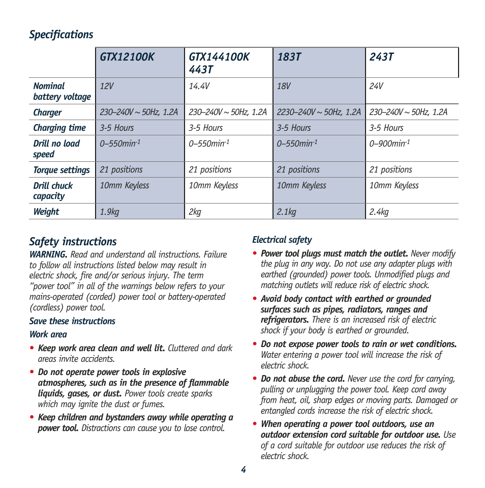Specifications safety instructions | Global Machinery Company GTX12100K User Manual | Page 4 / 12