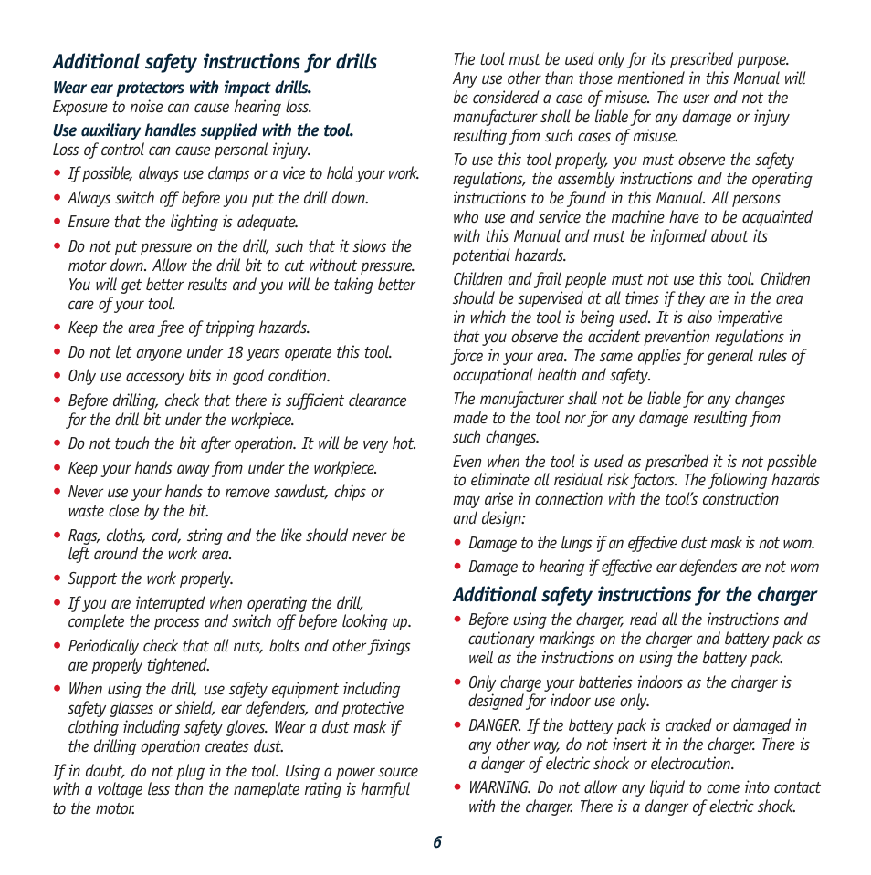 Additional safety instructions for drills, Additional safety instructions for the charger | Global Machinery Company GTX12100K User Manual | Page 6 / 12