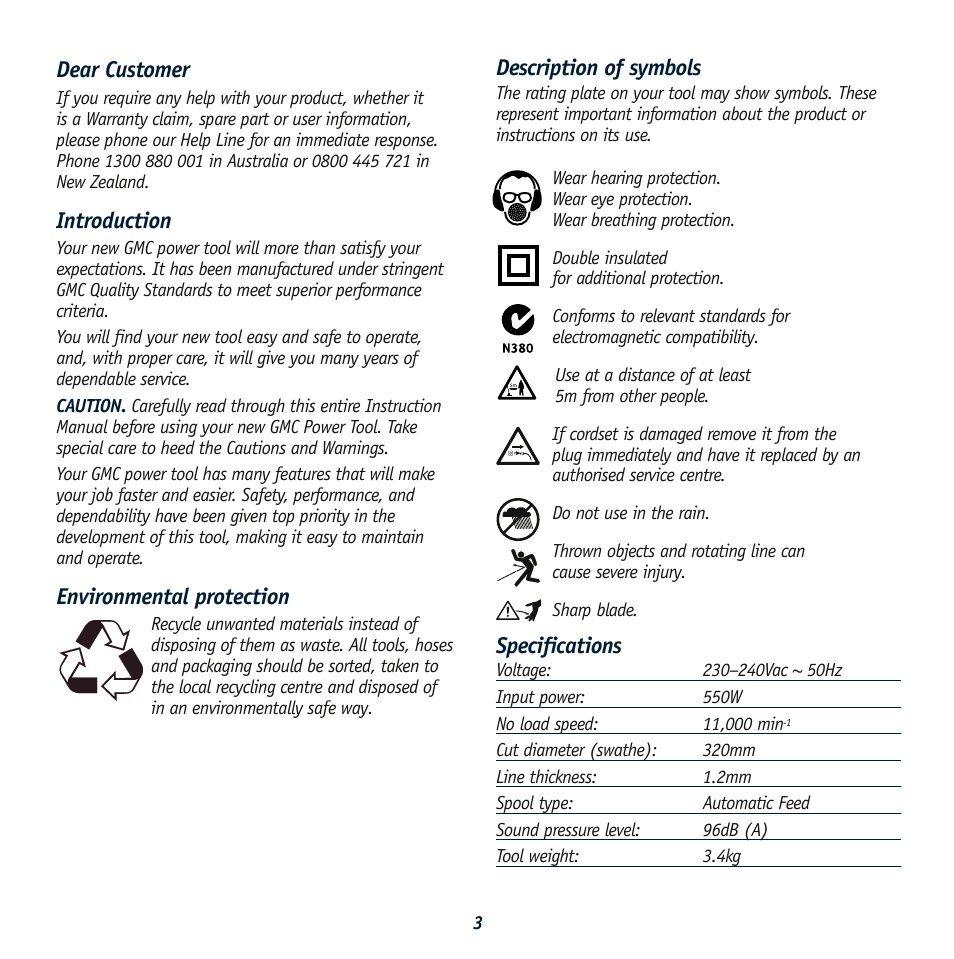 Description of symbols, Specifications, Dear customer | Introduction, Environmental protection | Global Machinery Company LT550 User Manual | Page 3 / 12