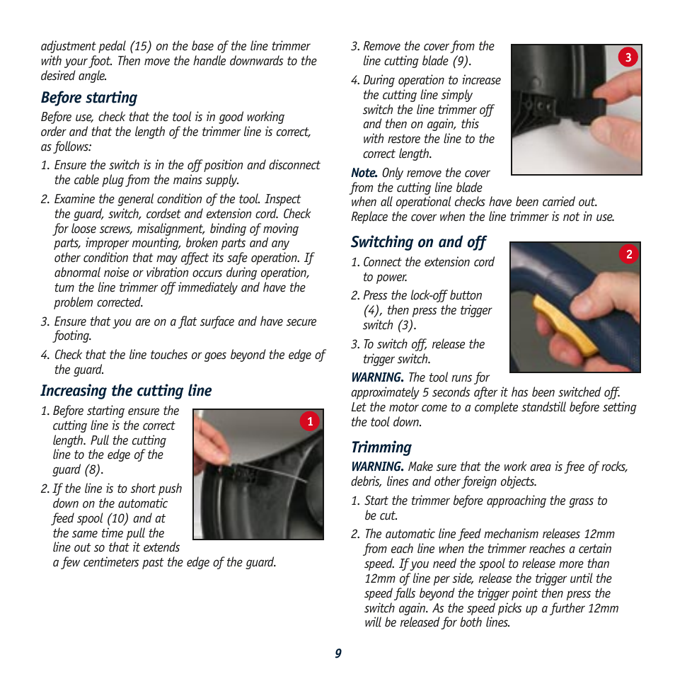 Before starting, Increasing the cutting line, Switching on and off | Trimming | Global Machinery Company LT550 User Manual | Page 9 / 12