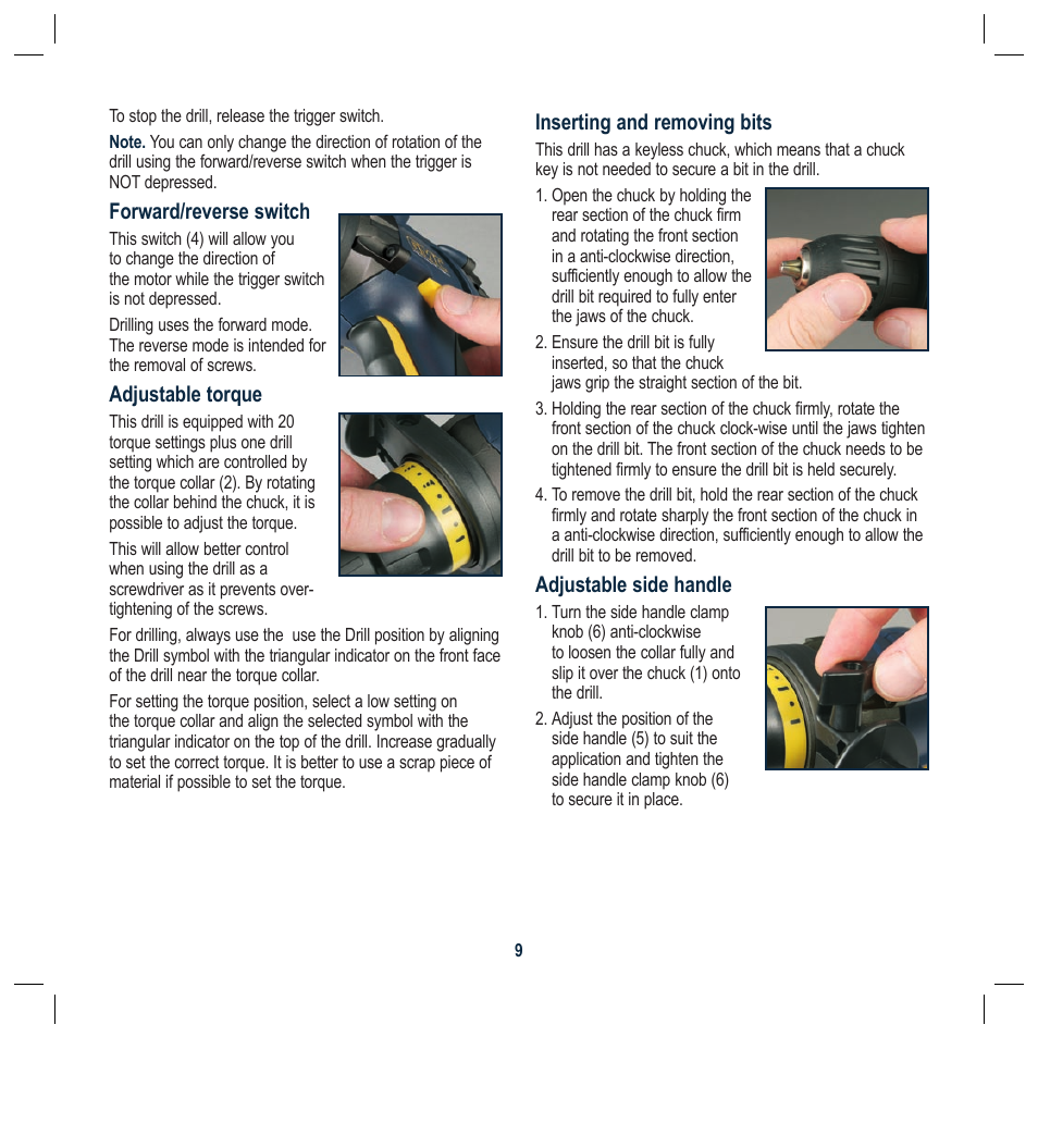 Forward/reverse switch, Adjustable torque, Inserting and removing bits | Adjustable side handle | Global Machinery Company BN18SB User Manual | Page 9 / 12