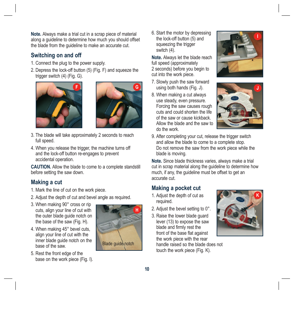 Switching on and off, Making a cut, Making a pocket cut | Global Machinery Company LS1800M User Manual | Page 10 / 16