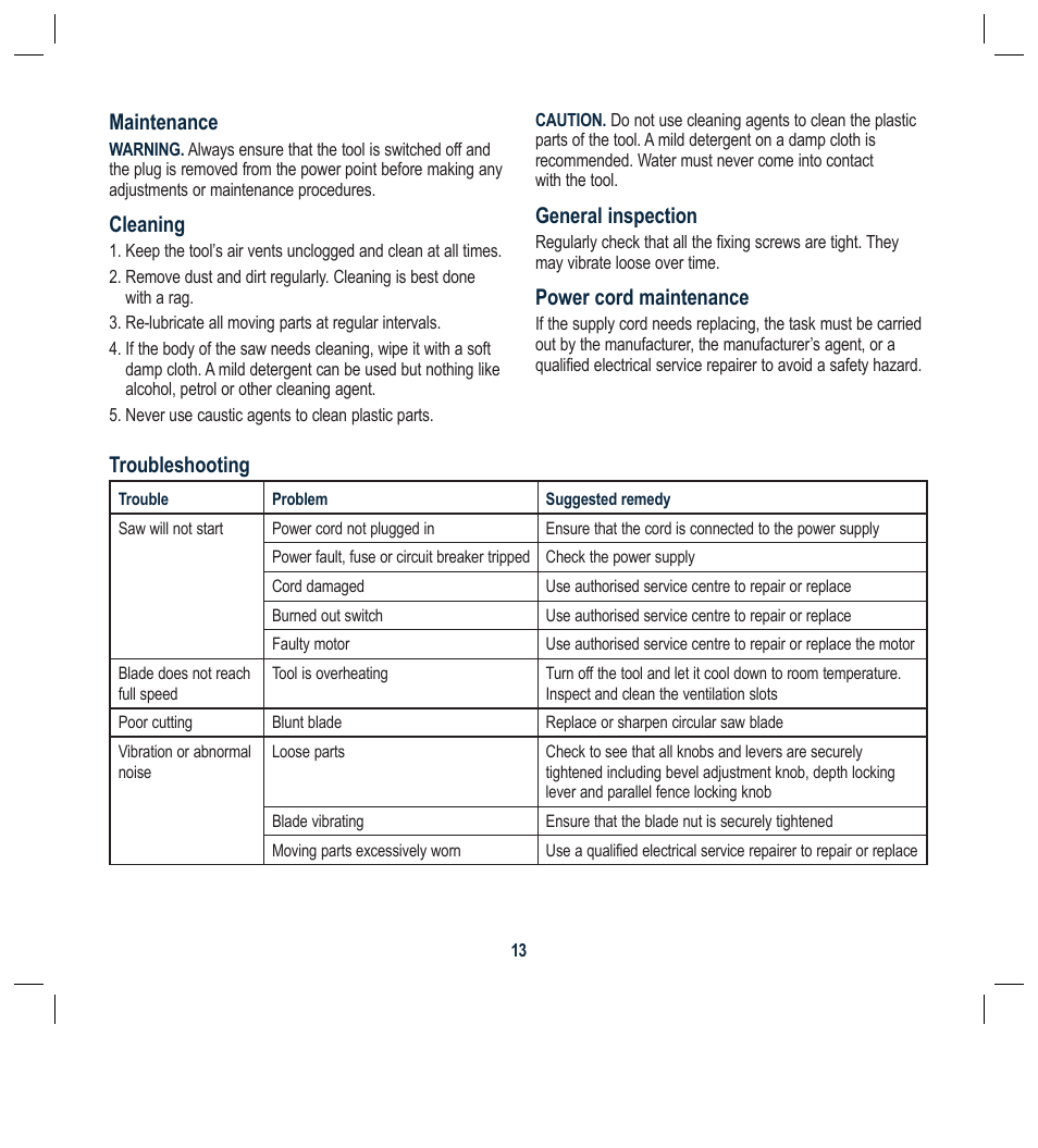 Maintenance, Cleaning, General inspection | Power cord maintenance, Troubleshooting | Global Machinery Company LS1800M User Manual | Page 13 / 16