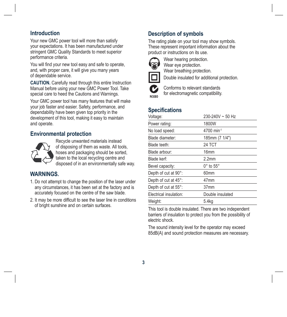 Description of symbols, Specifications, Dear customer | Introduction, Environmental protection, Warnings | Global Machinery Company LS1800M User Manual | Page 3 / 16