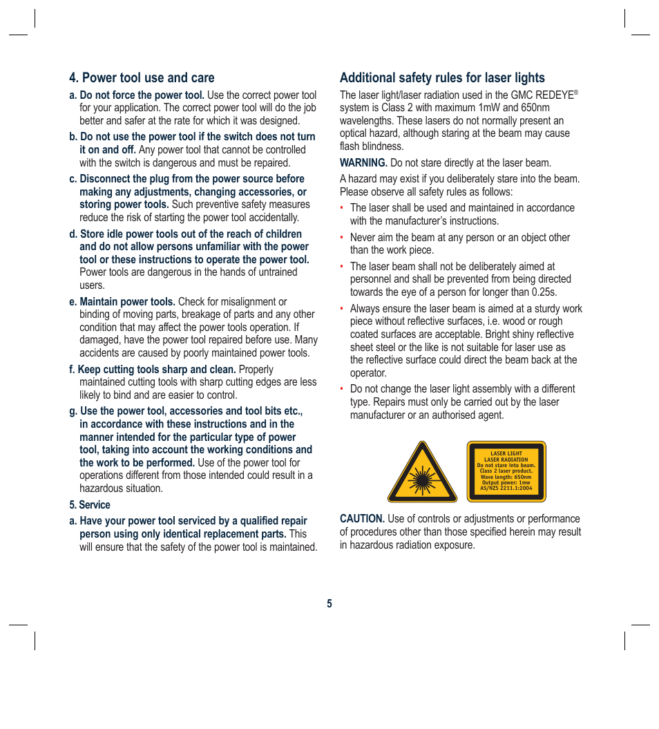 Power tool use and care, Additional safety rules for laser lights | Global Machinery Company LS1800M User Manual | Page 5 / 16