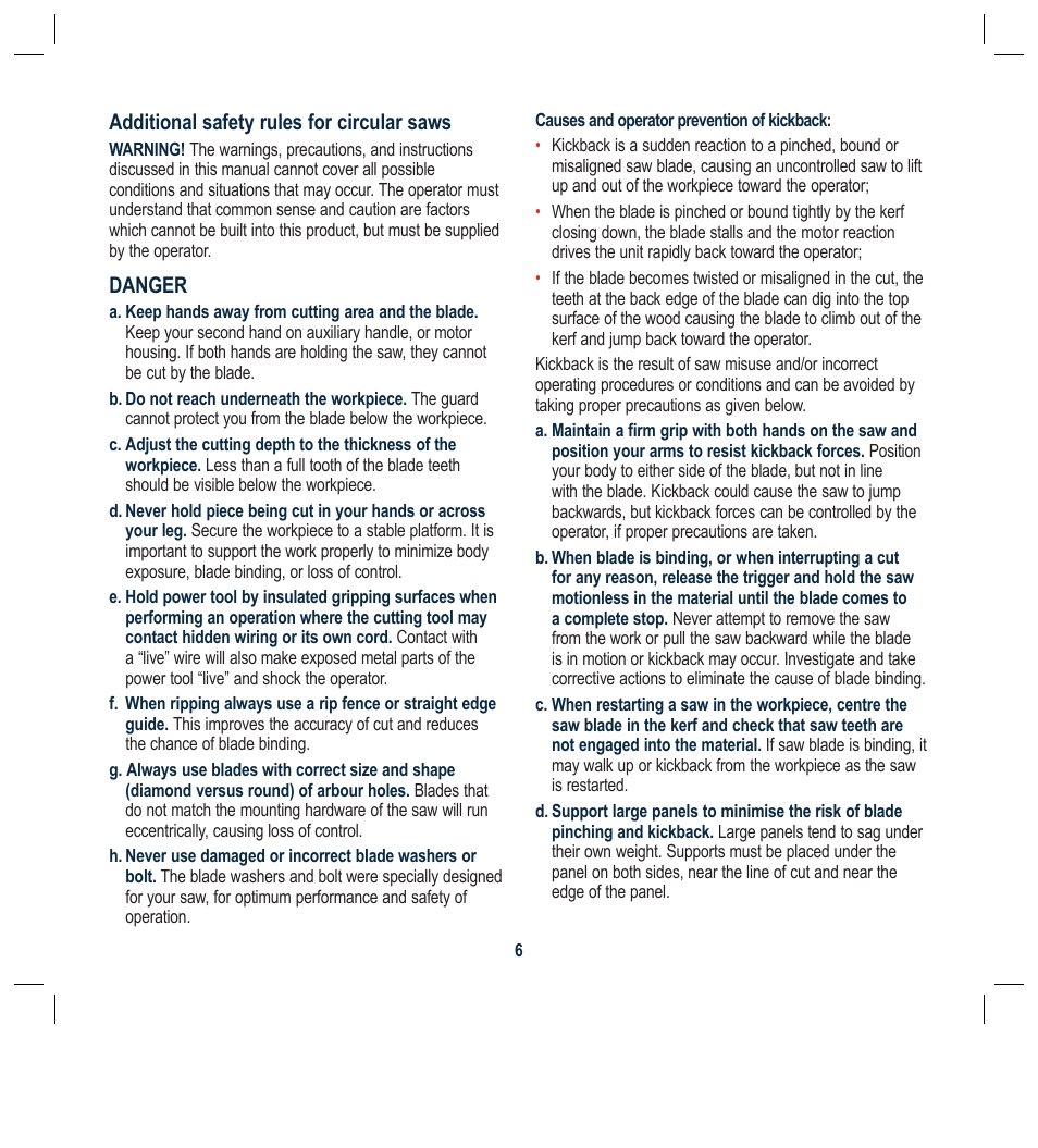 Additional safety rules for circular saws, Danger | Global Machinery Company LS1800M User Manual | Page 6 / 16