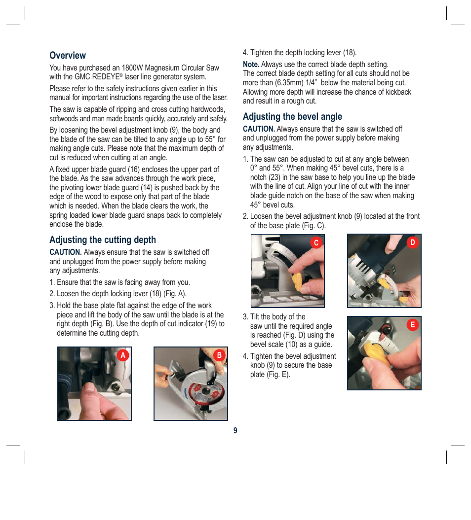 Overview, Adjusting the cutting depth, Adjusting the bevel angle | Global Machinery Company LS1800M User Manual | Page 9 / 16