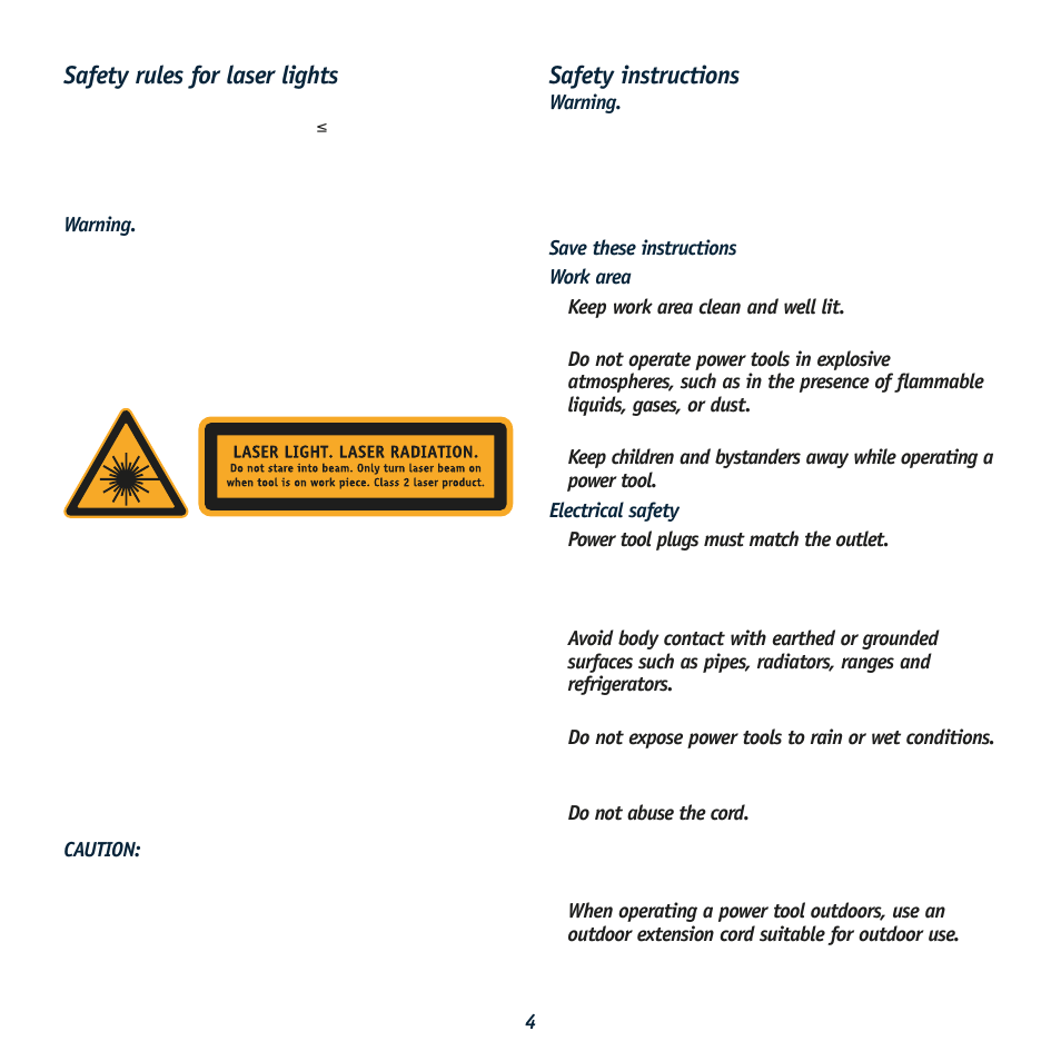 Safety rules for laser lights, Safety instructions | Global Machinery Company LJS500 User Manual | Page 4 / 12