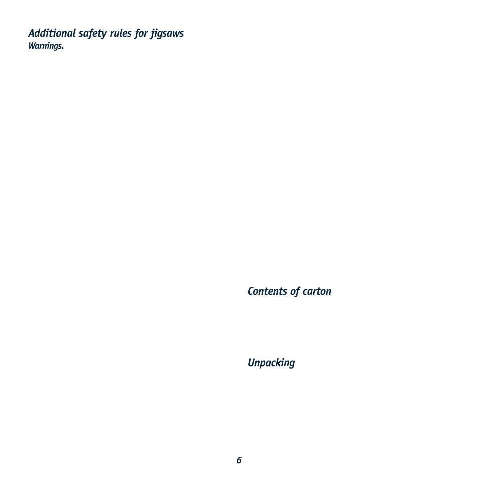 Additional safety rules for jigsaws, Contents of carton, Unpacking | Global Machinery Company LJS500 User Manual | Page 6 / 12