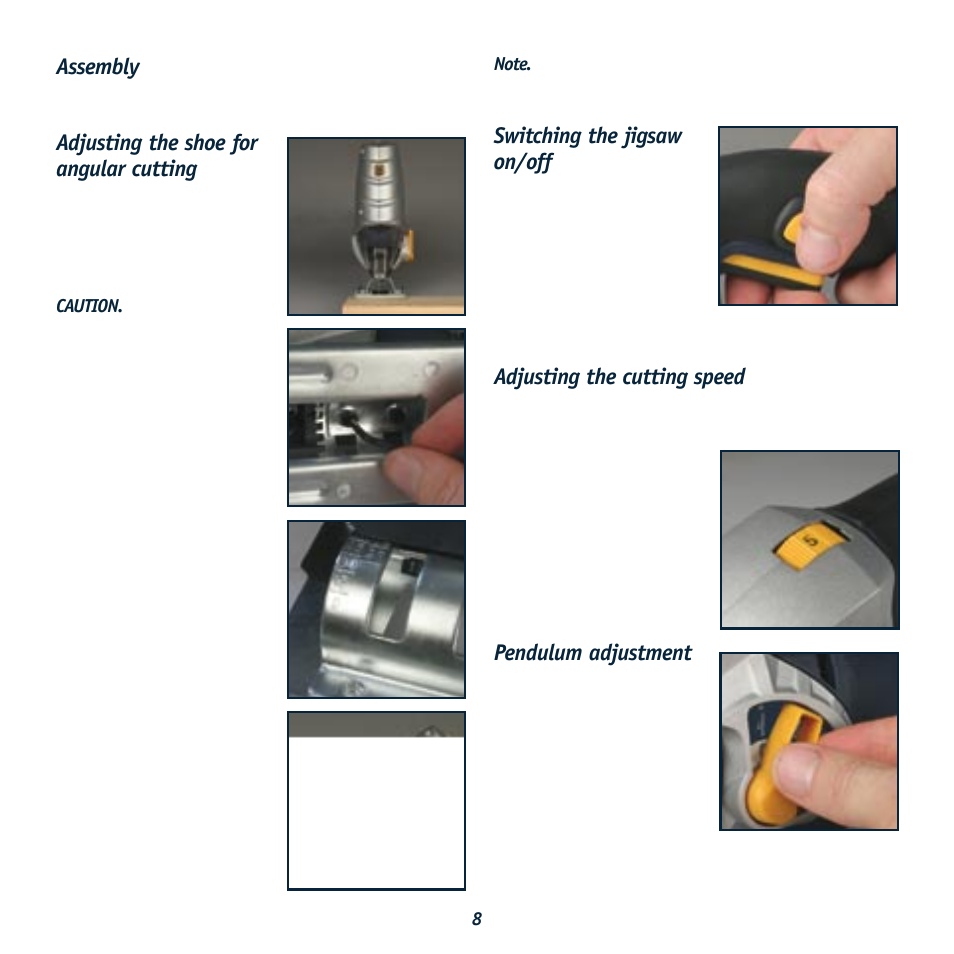 Assembly, Adjusting the shoe for angular cutting, Switching the jigsaw on/off | Adjusting the cutting speed, Pendulum adjustment | Global Machinery Company LJS500 User Manual | Page 8 / 12