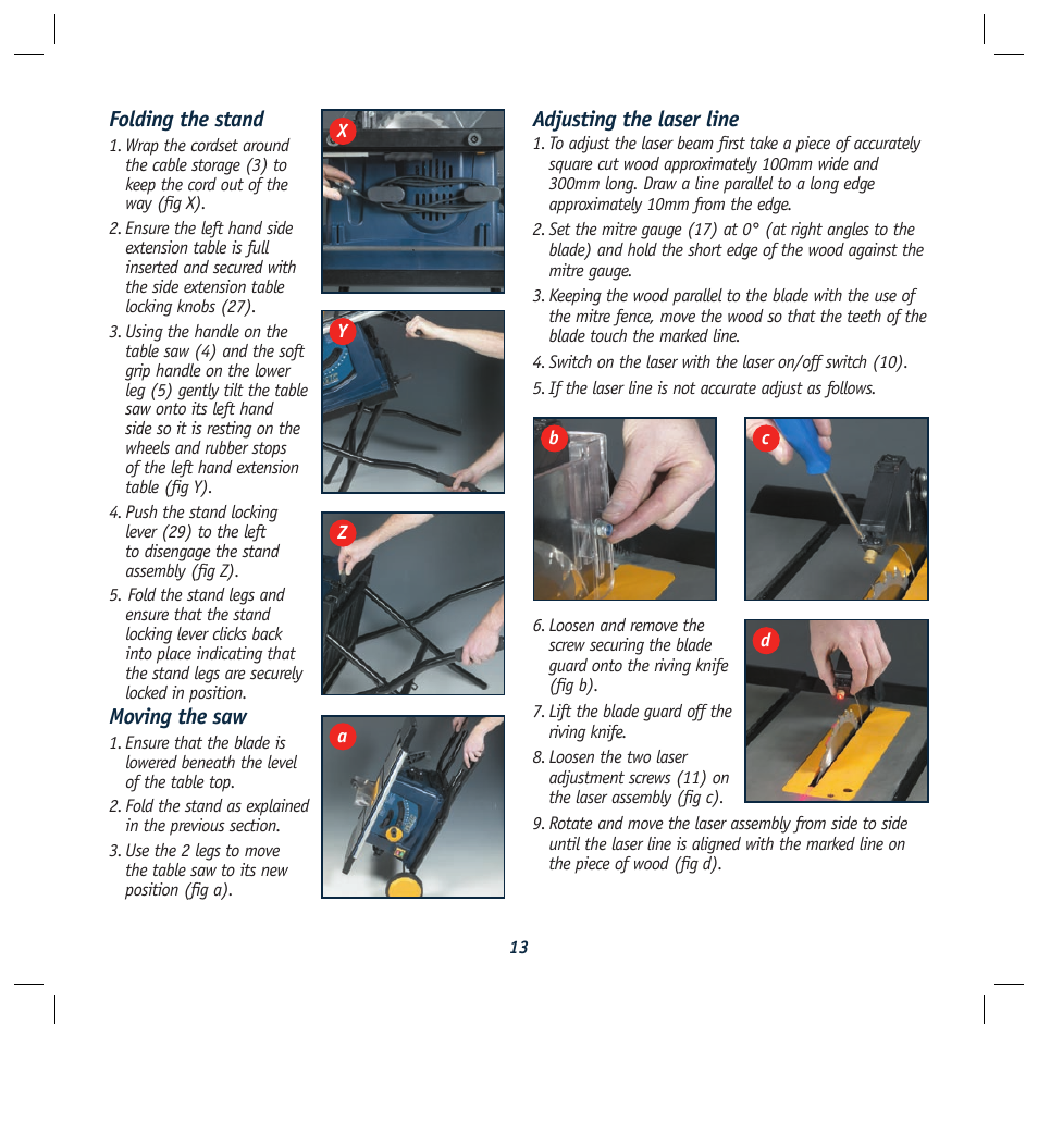 Folding the stand, Moving the saw, Adjusting the laser line | Global Machinery Company REDEYE LS250TS2000W User Manual | Page 13 / 20