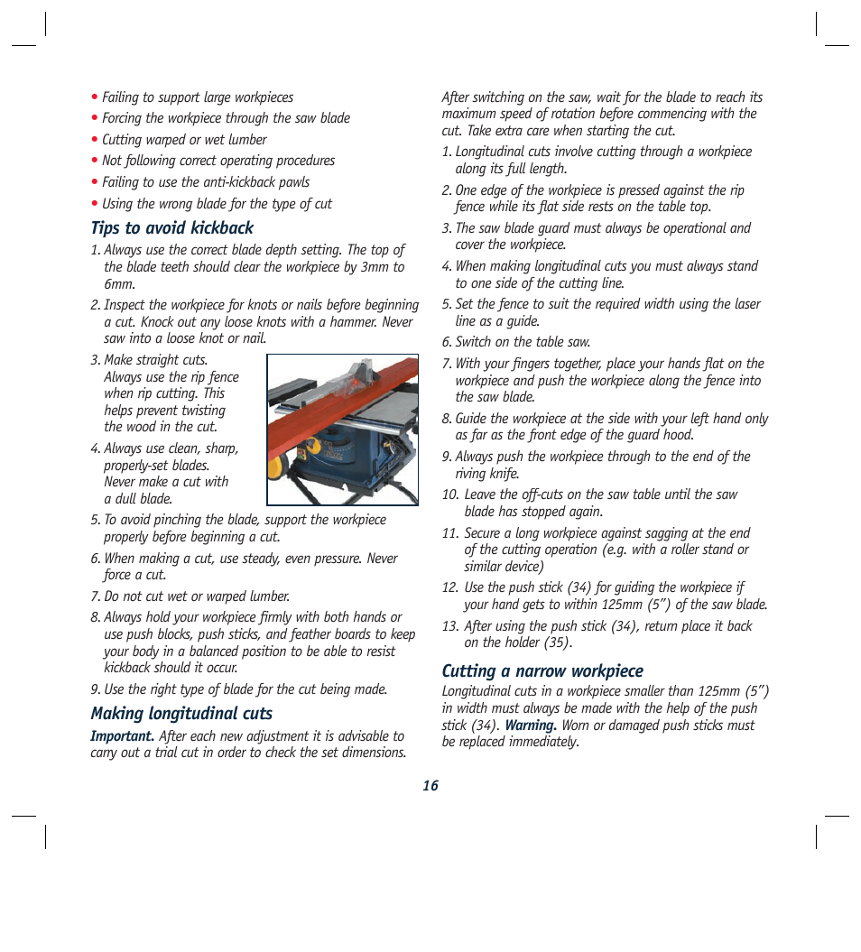 Tips to avoid kickback, Making longitudinal cuts, Cutting a narrow workpiece | Global Machinery Company REDEYE LS250TS2000W User Manual | Page 16 / 20