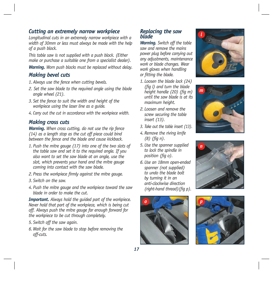 Cutting an extremely narrow workpiece, Making bevel cuts, Making cross cuts | Replacing the saw blade | Global Machinery Company REDEYE LS250TS2000W User Manual | Page 17 / 20