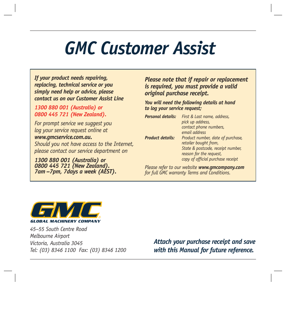 Gmc customer assist | Global Machinery Company REDEYE LS250TS2000W User Manual | Page 20 / 20
