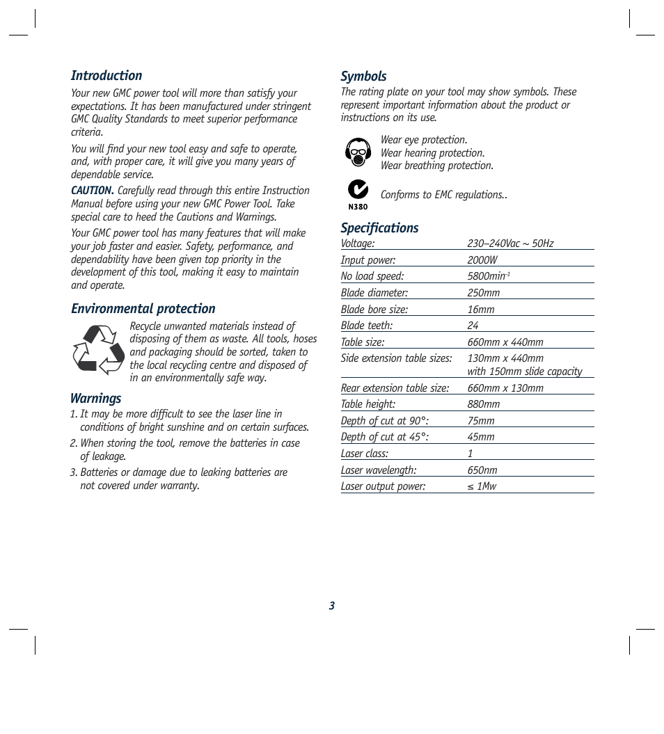 Introduction, Environmental protection, Symbols | Specifications, Warnings | Global Machinery Company REDEYE LS250TS2000W User Manual | Page 3 / 20