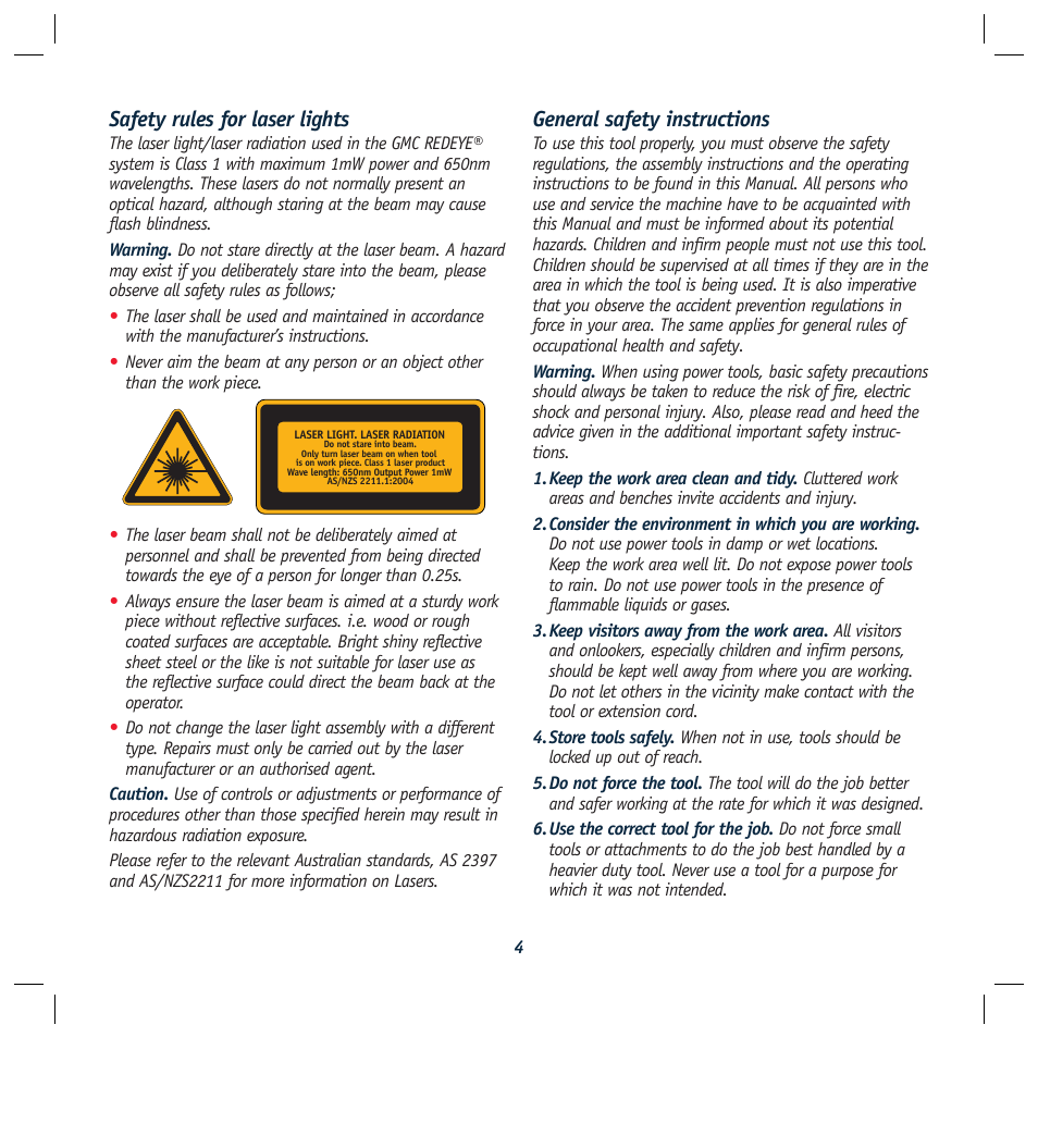 Safety rules for laser lights, General safety instructions | Global Machinery Company REDEYE LS250TS2000W User Manual | Page 4 / 20