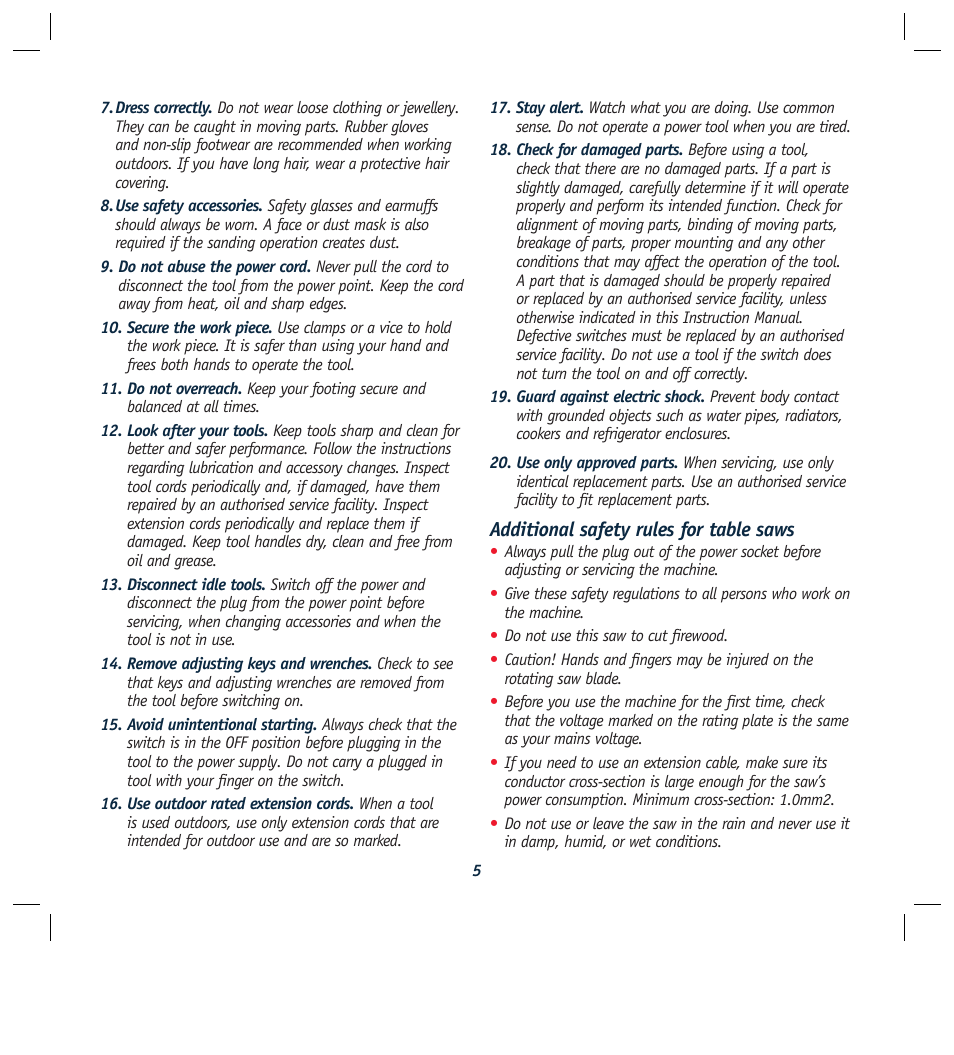 Additional safety rules for table saws | Global Machinery Company REDEYE LS250TS2000W User Manual | Page 5 / 20