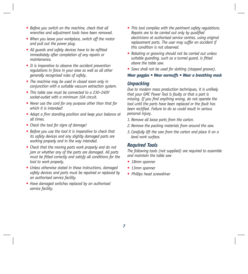 Unpacking, Required tools | Global Machinery Company REDEYE LS250TS2000W User Manual | Page 7 / 20