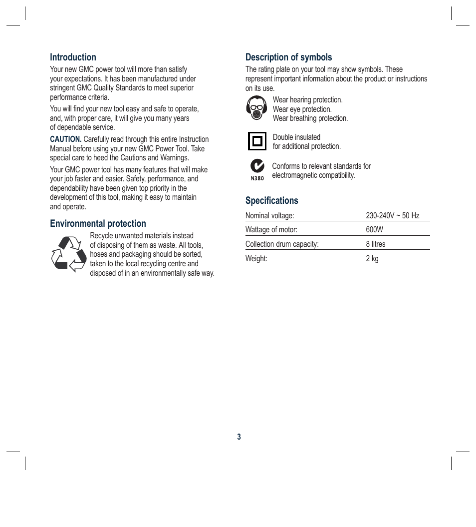 Description of symbols, Specifications, Introduction | Environmental protection | Global Machinery Company RDC8LA User Manual | Page 3 / 12