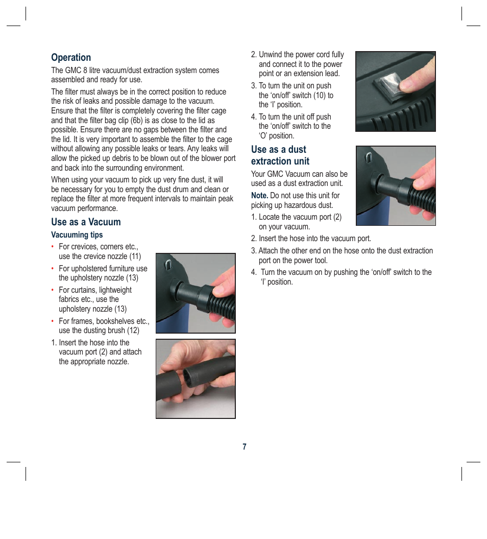 Operation, Use as a vacuum, Use as a dust extraction unit | Global Machinery Company RDC8LA User Manual | Page 7 / 12