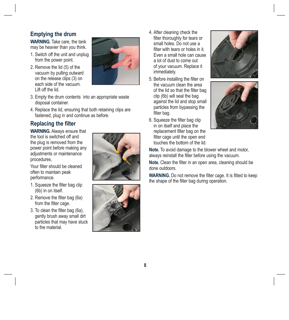 Emptying the drum, Replacing the filter | Global Machinery Company RDC8LA User Manual | Page 8 / 12