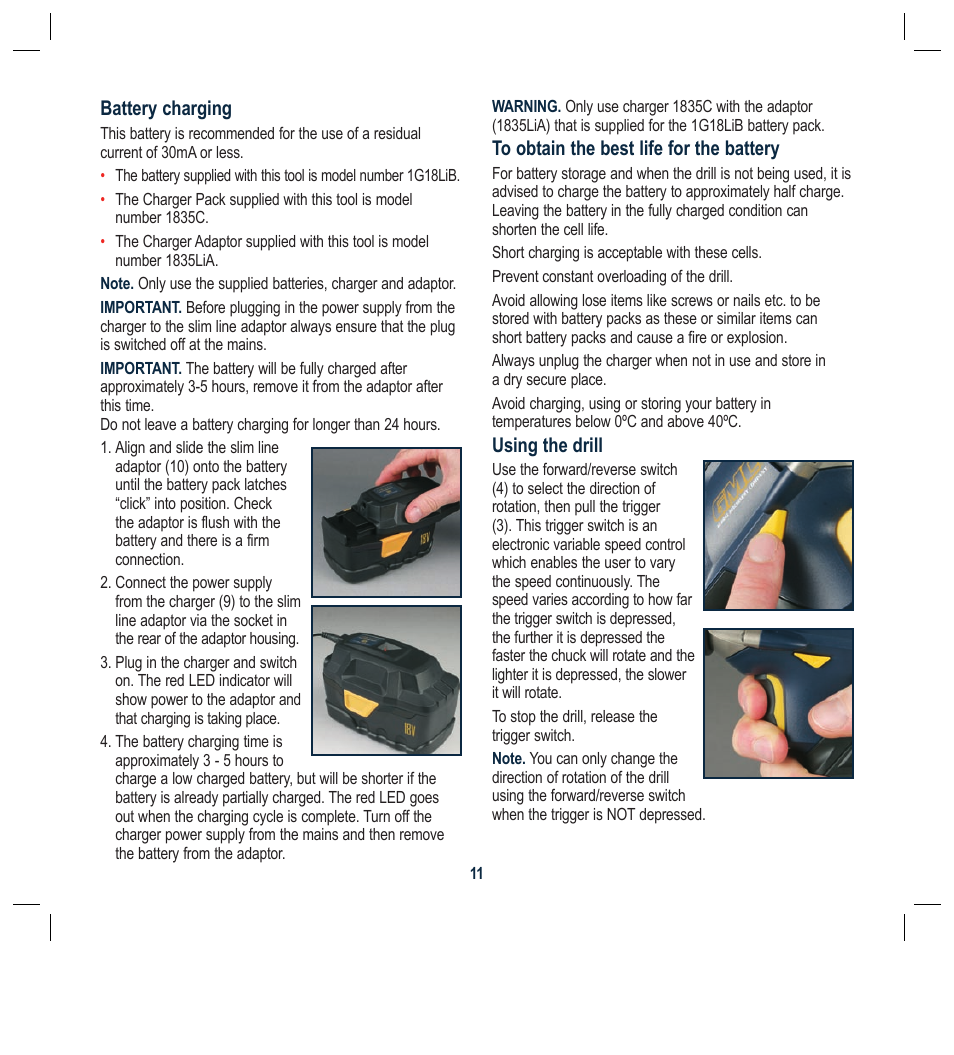 Battery charging, Using the drill | Global Machinery Company BL1181 User Manual | Page 11 / 16