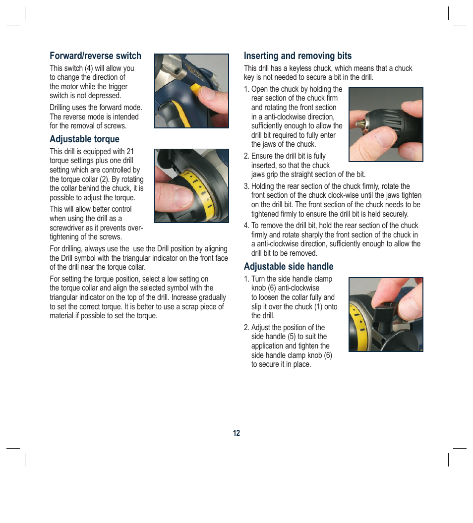 Forward/reverse switch, Adjustable torque, Inserting and removing bits | Adjustable side handle | Global Machinery Company BL1181 User Manual | Page 12 / 16