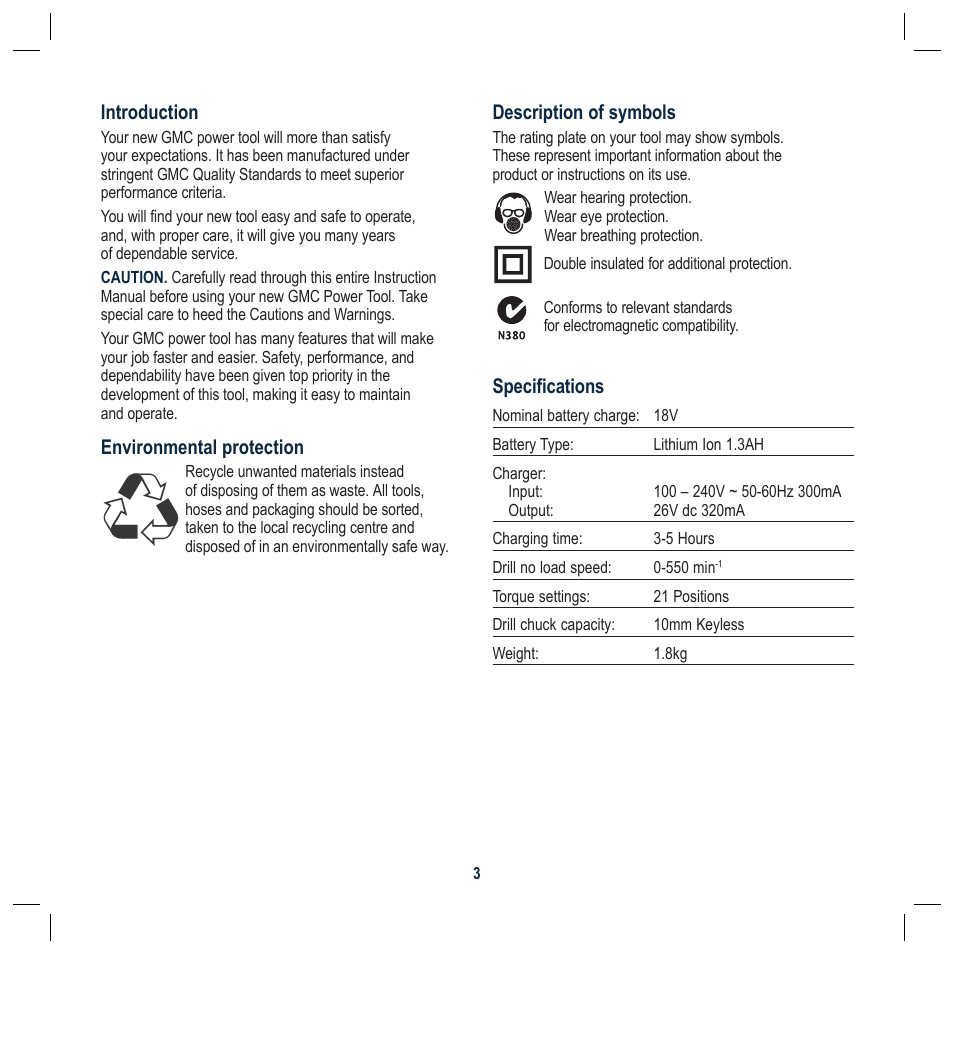 Description of symbols, Specifications, Introduction | Environmental protection | Global Machinery Company BL1181 User Manual | Page 3 / 16